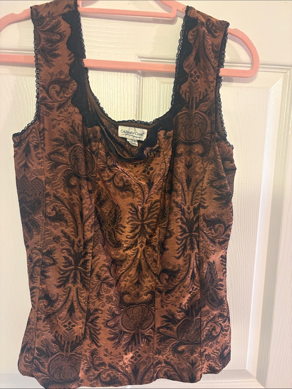 Coldwater Creek Brown and Black Damask Tank with Lace Trim